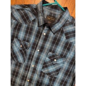High Noon Mens Blue Black Plaid‎ Western Pearl Snap Shirt Large Tall L TL L/T